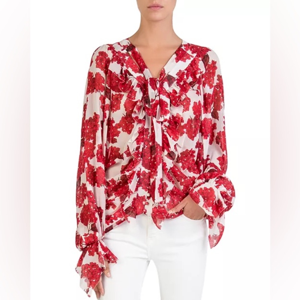 THE KOOPLES 100% Silk Red Floral Hortensia-Print Blouse | Size 1/S